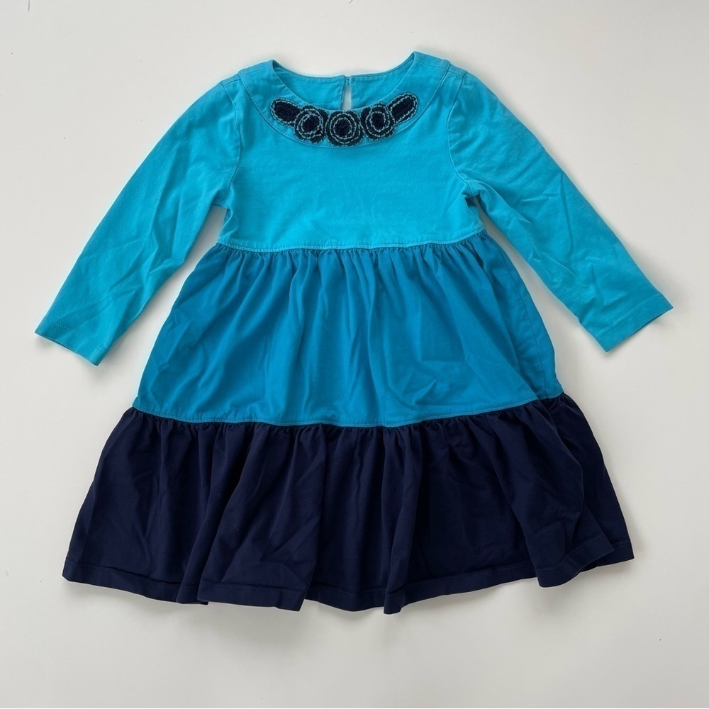 Hanna Andersson Variations of Blue Teal Aqua Tiered Long sleeve Dress Size 4